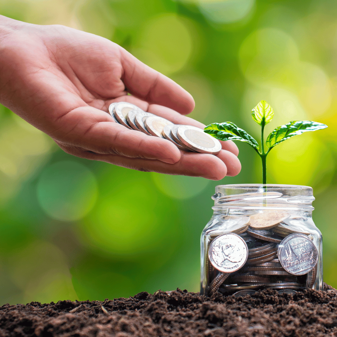 Hands Full Of Coins Pouring On A Jar Of Coins With A Plan In It Resembles Growing Money